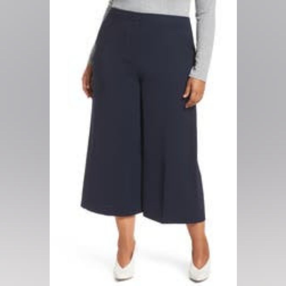 Halogen Navy Night High Rise Wide Leg Cropped Professional Crepe Pant 8
